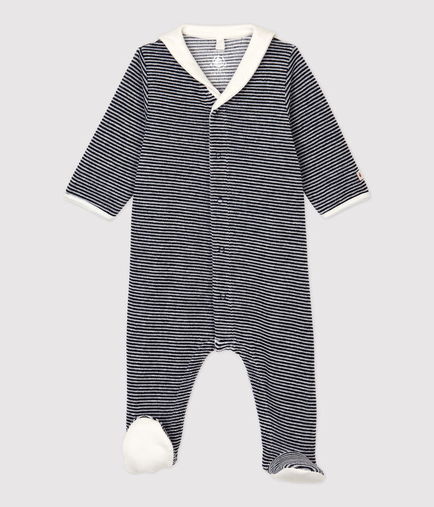 Pelele marinero de terciopelo de algod&oacute;n org&aacute;nico para beb&eacute; azul/blanco